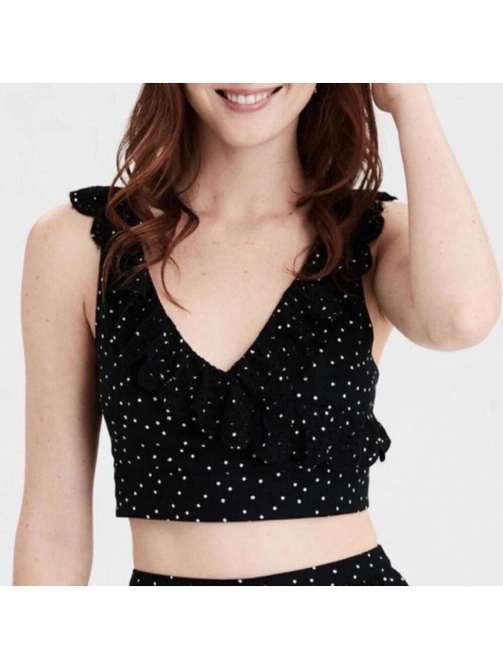 American Eagle XS Crop Top Black White Polka Dot Eyelet Scalloped Ruffle V-Neck
